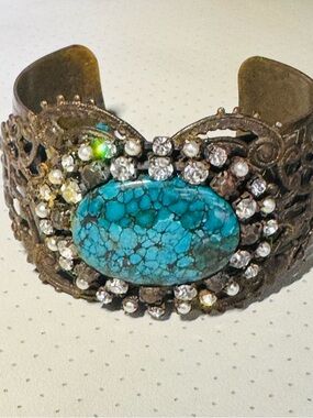 Turquoise Stone Brass Cuff Bracelet with Crystal Accents